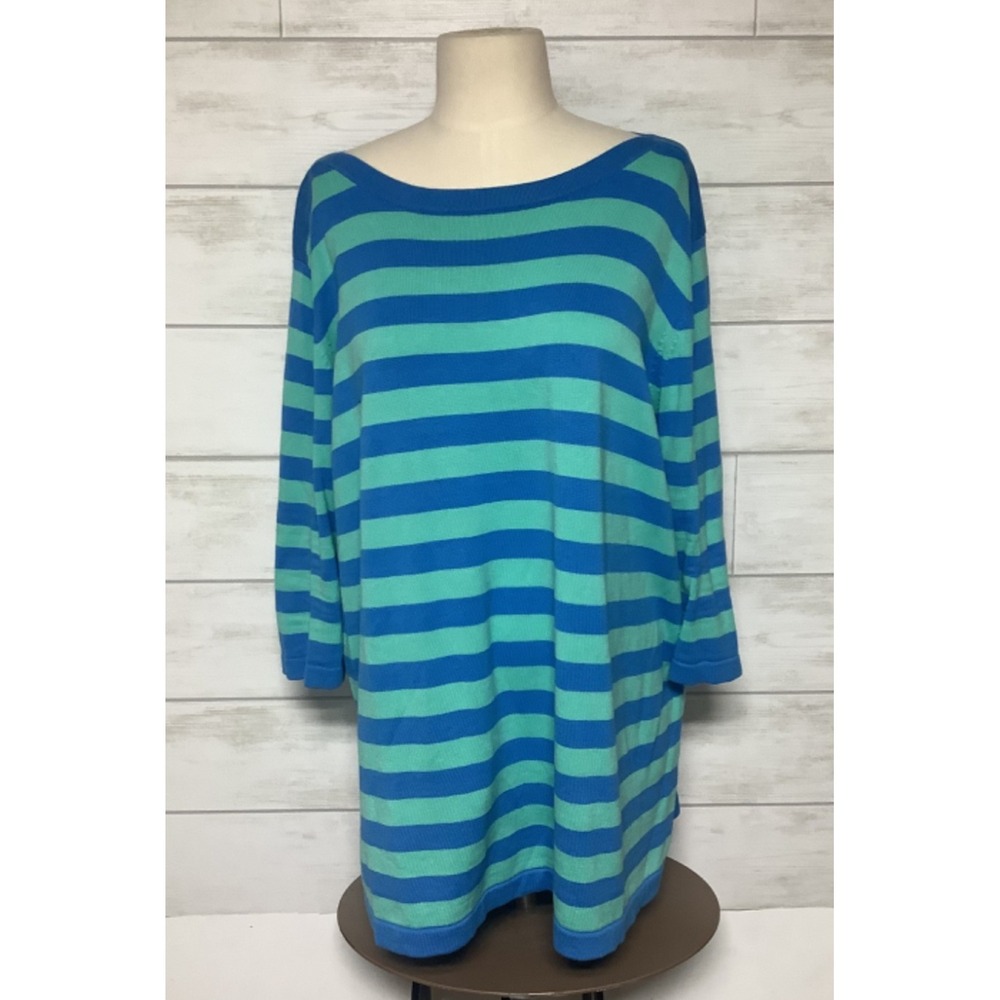 Belle By Kim Gravel 2x Wide Striped Sweater Top Lightweight 3/4 sleeve blue gree